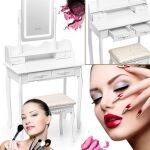 Coiffeuse avec miroir, chaise et éclairage LED – 5 tiroirs – Blanche