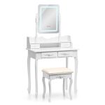 Coiffeuse avec miroir, chaise et éclairage LED – 5 tiroirs – Blanche