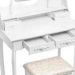 Coiffeuse avec miroir, chaise et éclairage LED – 5 tiroirs – Blanche