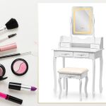 Coiffeuse avec miroir, chaise et éclairage LED – 5 tiroirs – Blanche