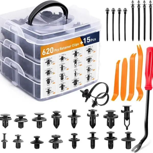 Kit de 620 Agrafes de Fixation Automobile avec Organiseur – 16 Tailles, PVC
