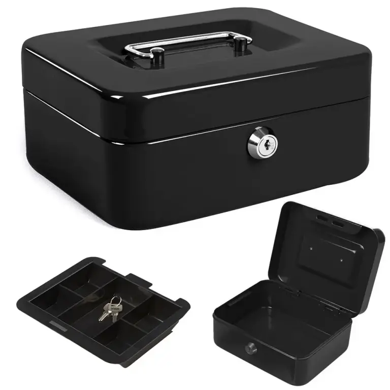 Coffret à Monnaie en Acier avec Serrure et Clés – 20 × 16 × 9 cm – Noir