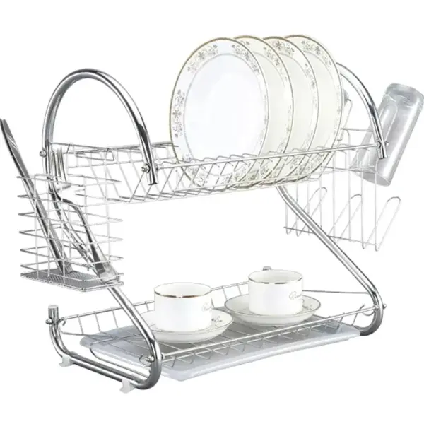 Égouttoir à Vaisselle 2 Niveaux Argenté – Porte-Assiettes, Verres et Couverts
