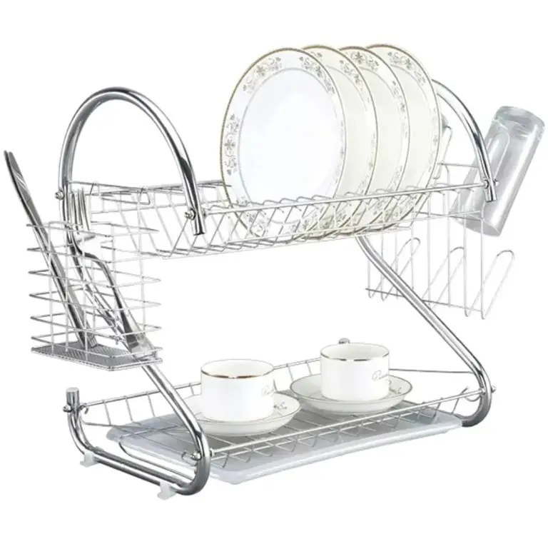 Égouttoir à Vaisselle 2 Niveaux Argenté – Porte-Assiettes, Verres et Couverts