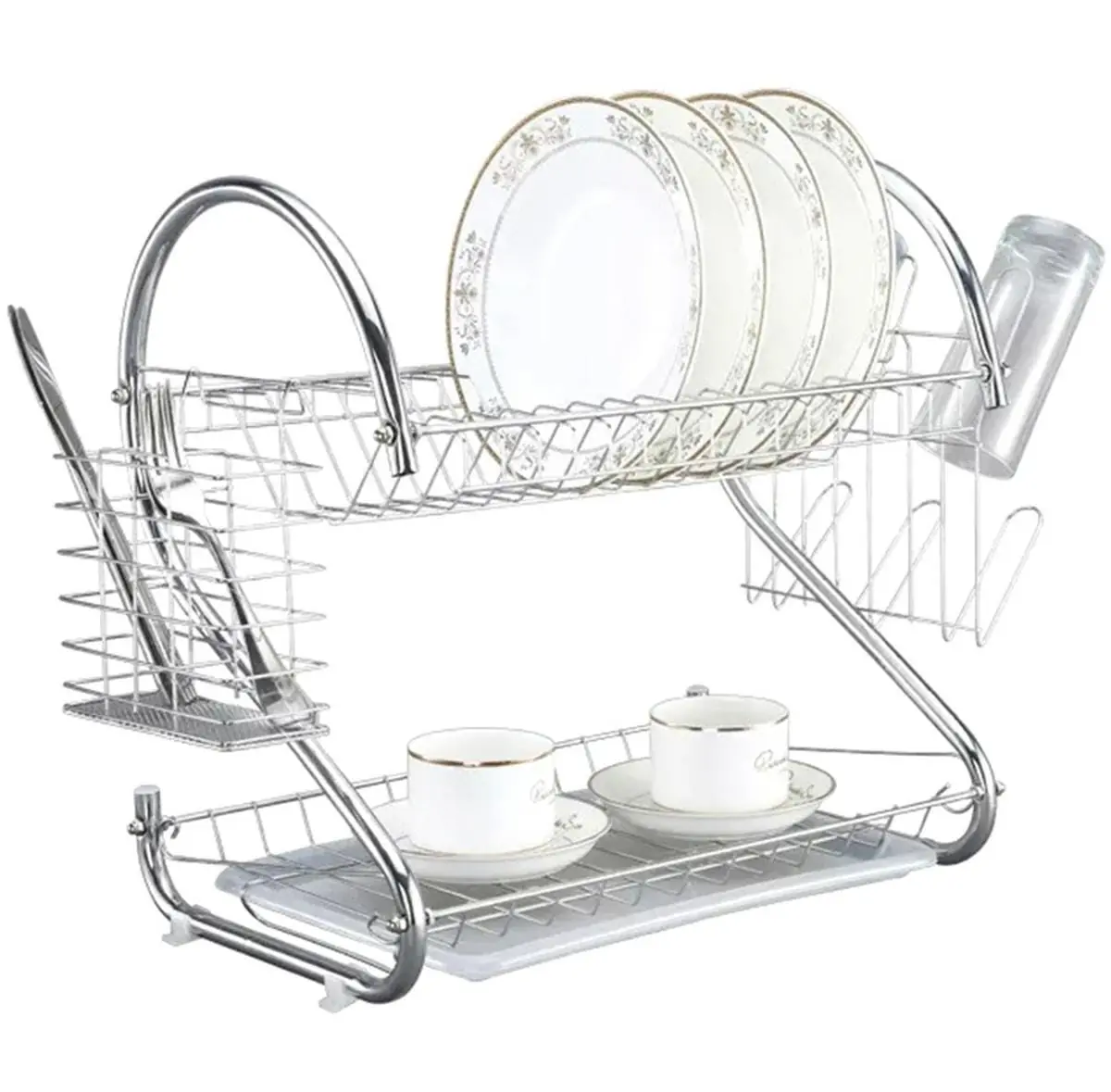 Égouttoir à Vaisselle 2 Niveaux Argenté – Porte-Assiettes, Verres et Couverts Égouttoir à Vaisselle 2 Niveaux Argenté – Porte-Assiettes, Verres et Couverts